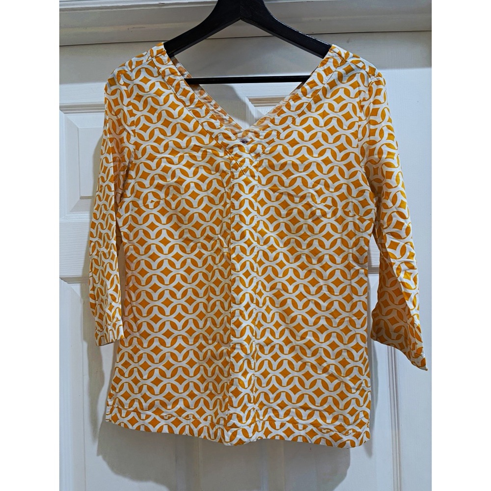 Peter Millar Womens S Orange White Geometric V-Neck 3/4 Sleeve Cotton Blouse